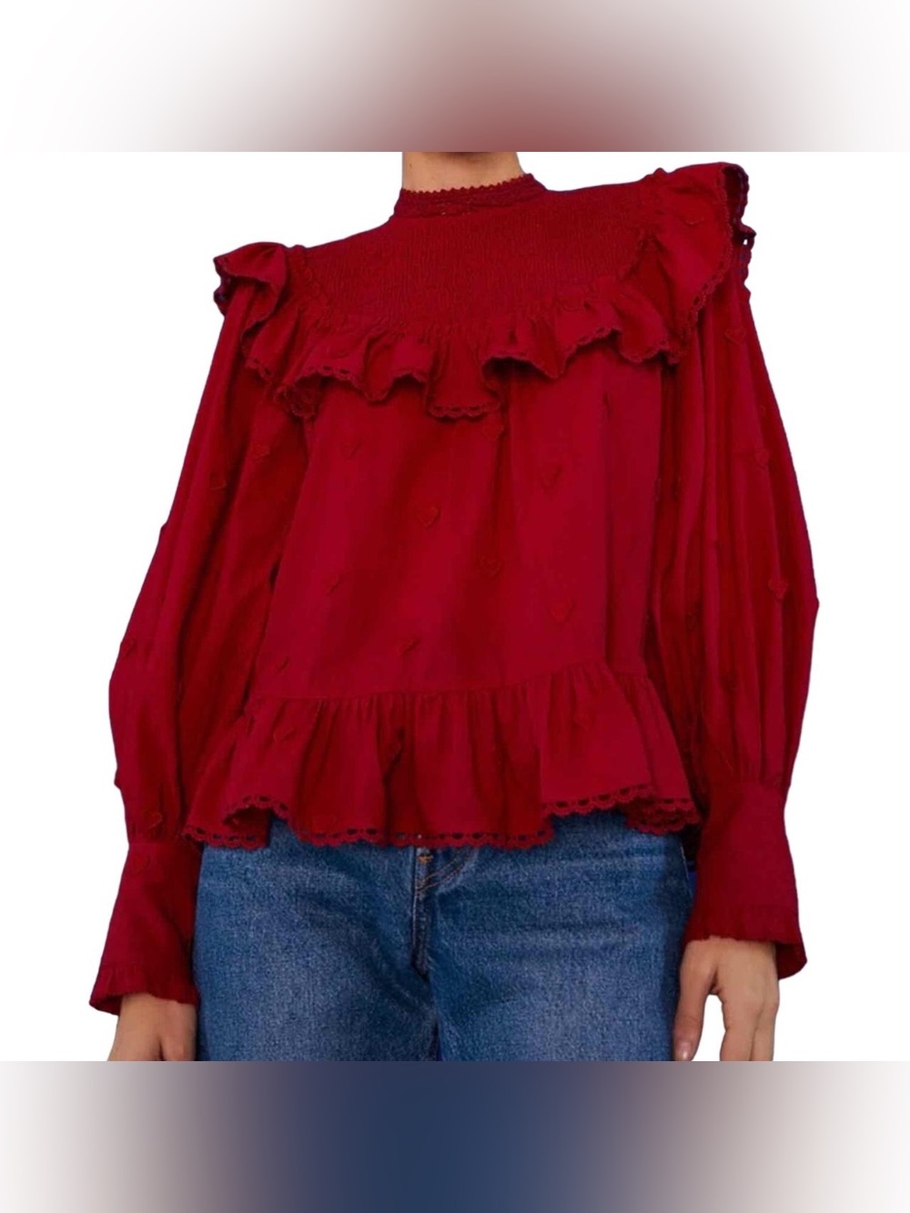 Farm Rio Red Smocked Ruffled 3D Heart Blouse
